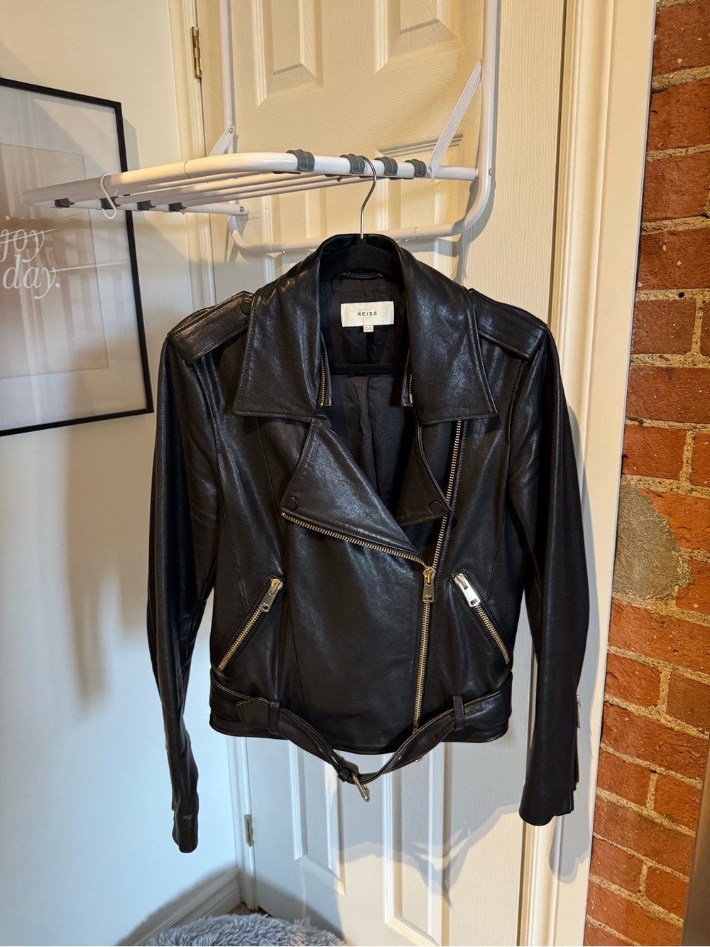 Reiss Black Leather Biker Jacket with Removable Taupe Faux Fur Collar - Picture 4 of 5